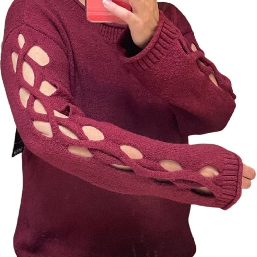A.N.A Black Cherry Knit Sweater Neck Cut Out Long Sleeves Women's medium m